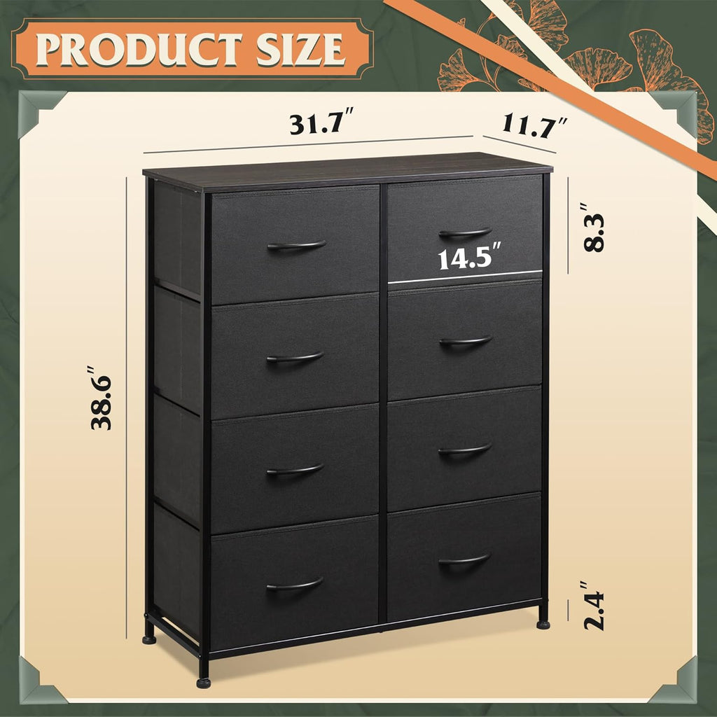 WLIVE Fabric Dresser - Tall 8-Drawer Storage Tower with Bins for Bedroom & Living Room | Charcoal Black