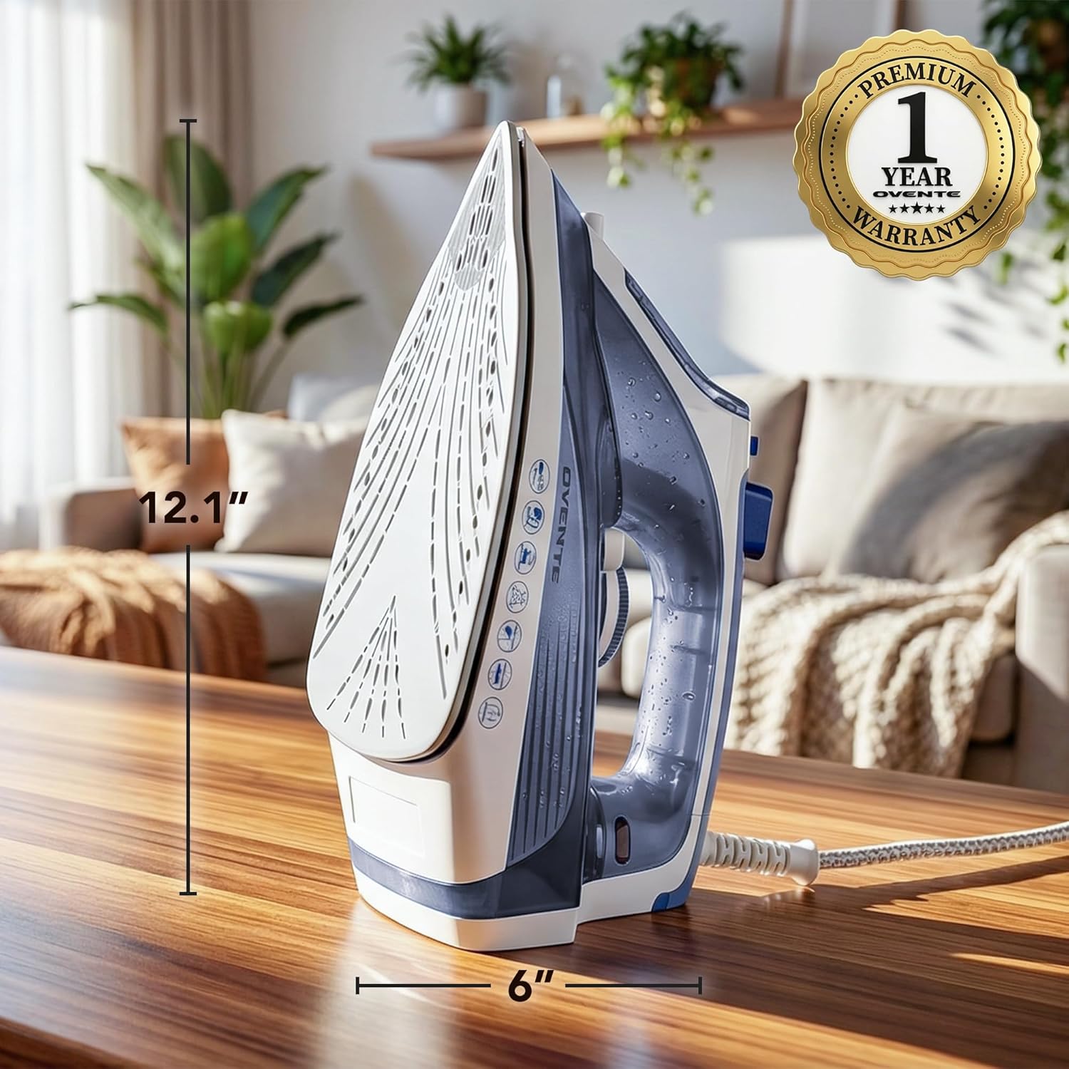 OVENTE Steam Iron - 1200W Non-Stick Ceramic Soleplate with Precise Thermostat & Auto Shutoff | Blue IRNL77BL