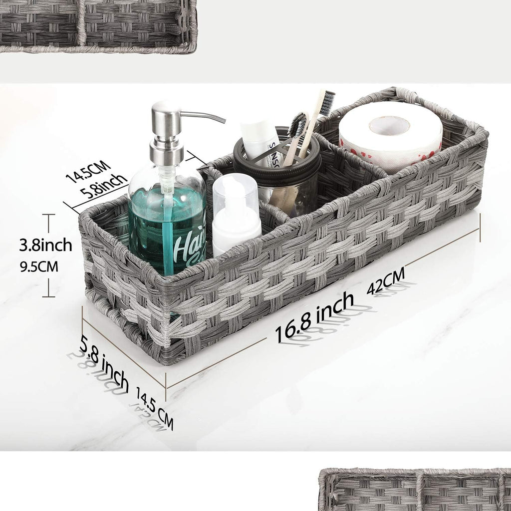 Toilet Tank Topper Paper Basket - Hand Woven Plastic Wicker Organizer with Divider | Rustic Grey Farmhouse Decor