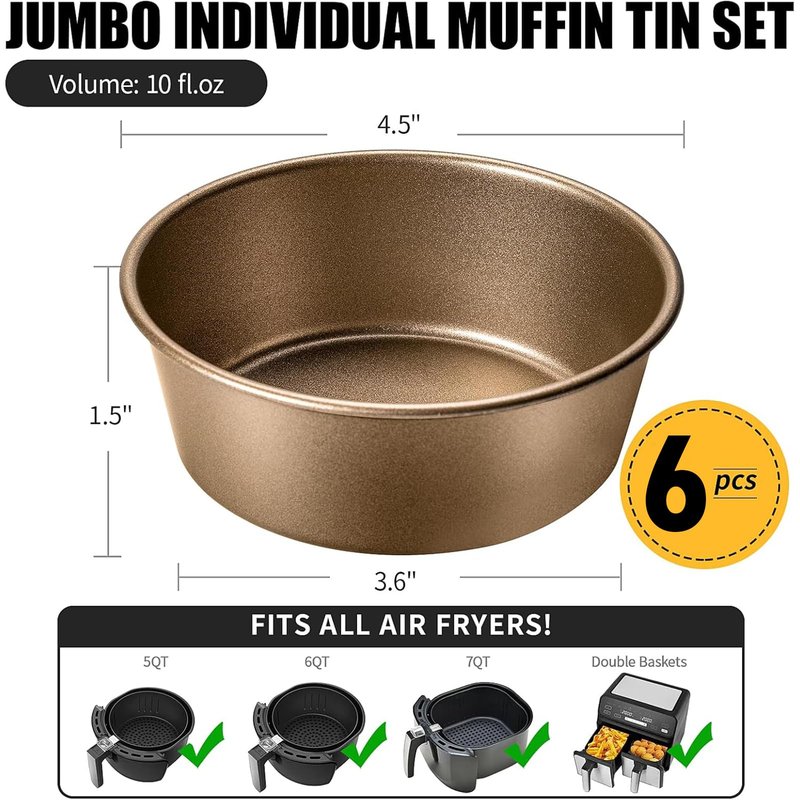 Yomvzake Air Fryer Jumbo Muffin Pan, Egg Cupcake Pan 4 Inch Air Fryer Hamburger Bun Mold, 6 Pack Non-Stick Egg Baking Pan Individual Pazookie Mini Cake Pans for Baking
