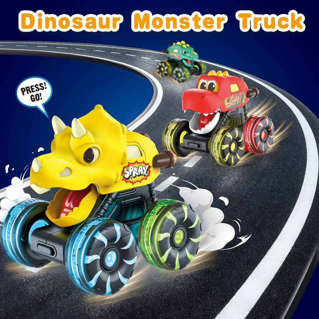 Skiennix Dinosaur Monster Truck Toys - 3 Pack with Light-Up LED Wheels for Toddlers