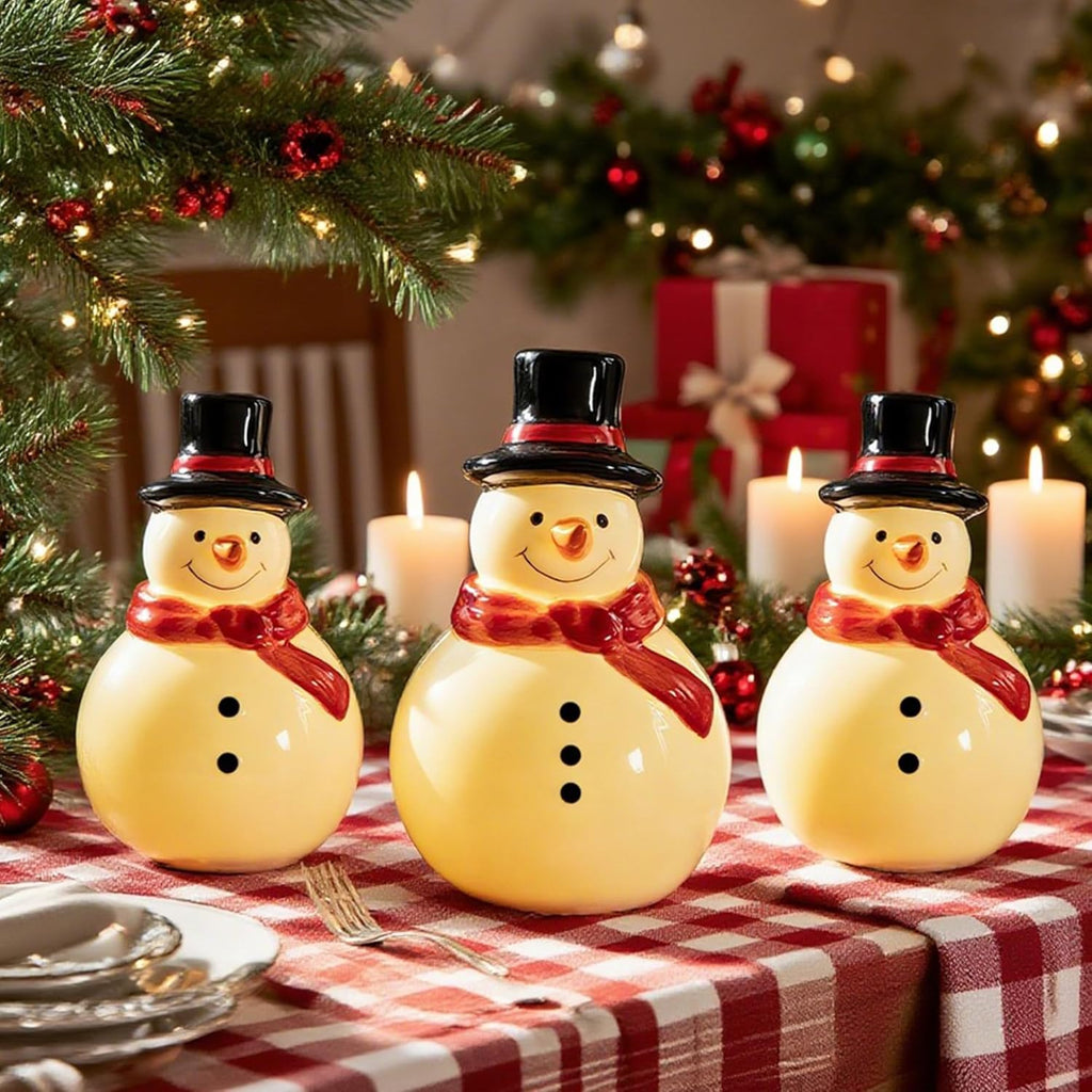 Nerousun Christmas Snowman Figurines - 3 Pack Ceramic LED Lighted Tabletop Decorations | Winter Xmas Decor
