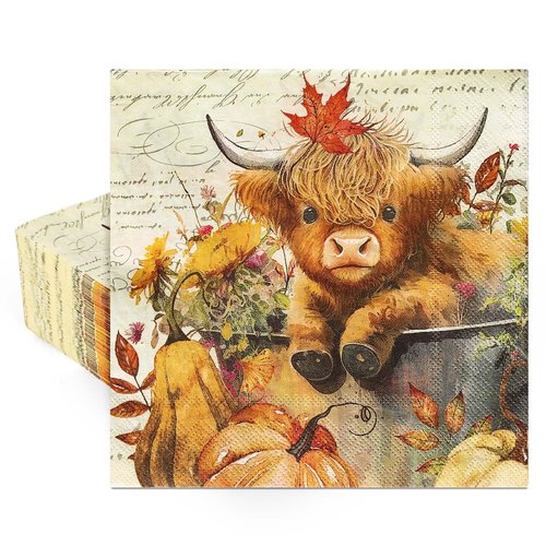 JarThenaAMCS 80Pcs Fall Paper Napkins Highland Cow Pumpkin Disposable Napkins Thanksgiving Decorative Luncheon Dinner Table Napkins for Autumn Harvest Wedding Party Supplies