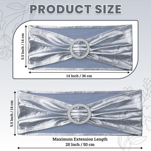 MDS Spandex Foil Chair Sashes - Universal Elastic Stretch Bow Ties with Buckle | Metallic Silver, Pack of 100
