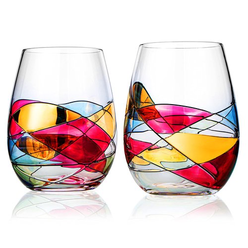 Artisanal Hand Painted Stemless Wine Glasses - Valentines Day Gift, Holiday Gifts for Her, Wife, Mom, Valentine, Renaissance Romantic Stain-glassed Windows, 2 Set - Gifts Idea Birthday, Housewarming