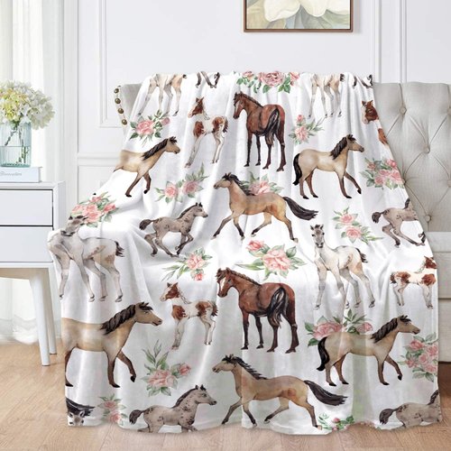 AUSMART Horse Rose Throw Blanket for Women Men Flowers Blanket Gifts for Adults Cute Horses Lightweight Blanket 60X80 Inches for Bed All Season