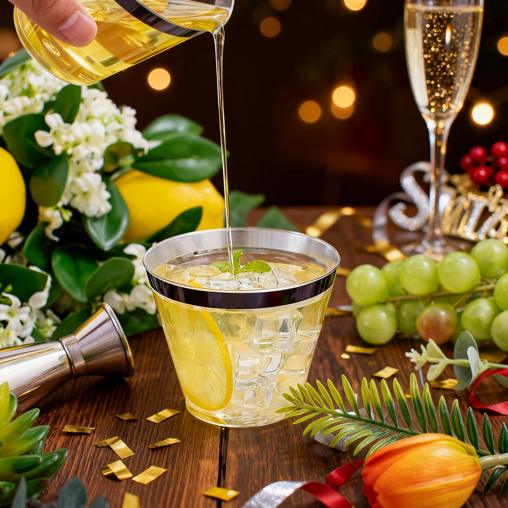 WELLIFE 120 PCS Black Plastic Cups,Disposable Cocktail Glasses,Plastic Wine Glasses Disposable,9 oz Clear Cups for Party