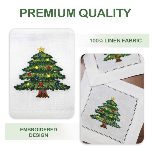 Lauusiusi 100% Linen White Cocktail Napkins Hemstitched with Embroidered Christmas Tree Set of 6 Cloth Beverage Napkin 6"x6" Coasters for Christmas Decoration Dessert Gift Ideas