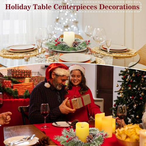 Christmas Candle Rings - Set of 8 Artificial Red Berries & Pinecones | 10-Inch Holiday Centerpieces