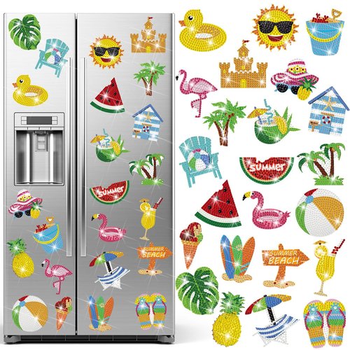Tellegloww 24 Pcs Refrigerator Diamond Painting Magnets Sea Beach Diamond Art Magnets Kits Tropical Hawaiian Fridge Stickers for Adults DIY Home Decor(Ball)