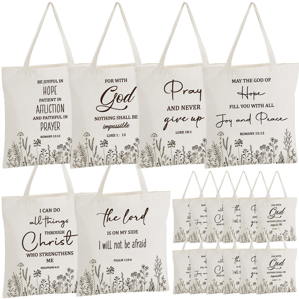 Aliceset 12 Pcs Bible Tote Bags Bulk for Women Christian Religious Bible Verse Canvas Reusable Church Floral Jesus Bags for Church Gifts, 15 x 16 Inches