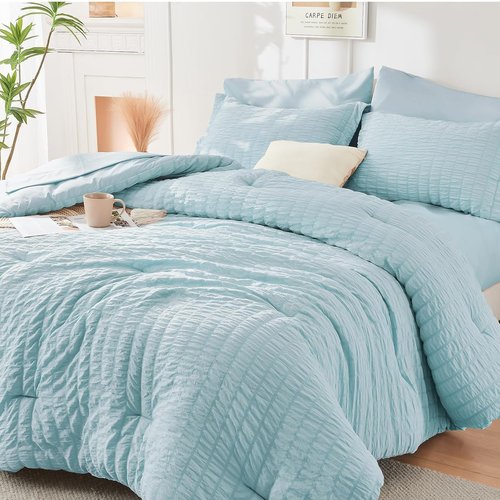 HYMOKEGE California King Comforter Set - Luxury 7-Piece Bedding Set in Lake Blue | All-Season Comfort