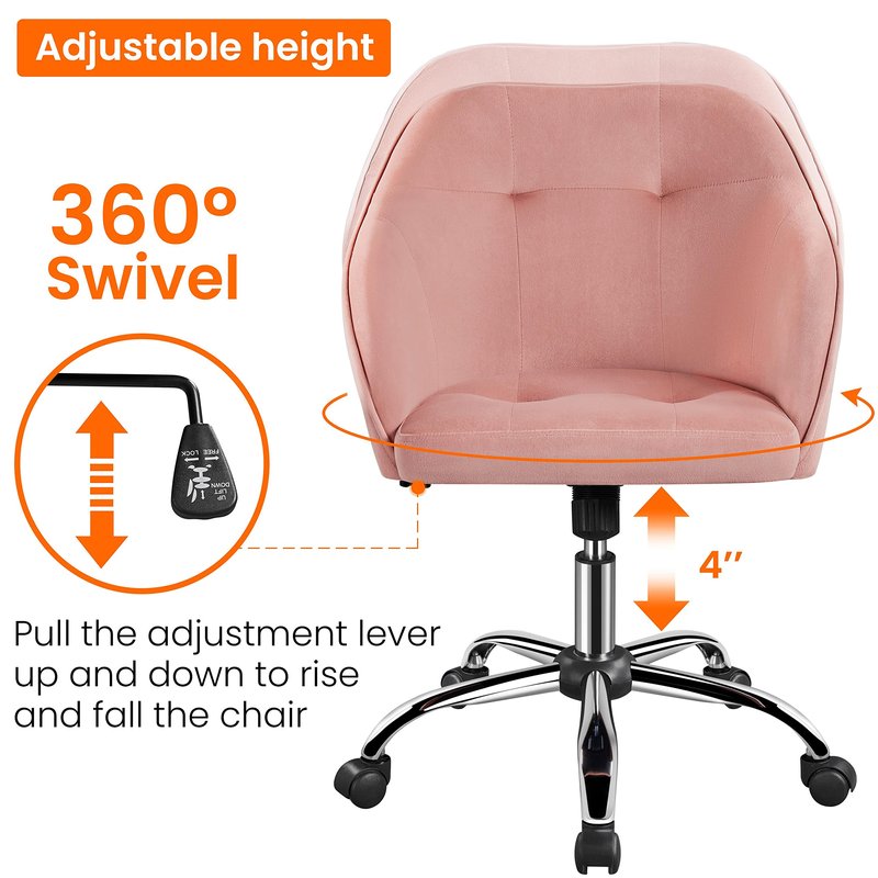 Yaheetech Pink Office Chair Small Cute Vanity Chair with Back Wheels Velvet Swivel Rolling Desk Computer Armchair for Bedroom Living Room