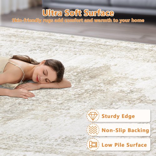 Area Rug 8x10 Washable Rugs: Large Living Room Rug Vintage Medallion Rugs Low Pile Distressed Indoor Retro Carpet for Bedroom Kitchen Dining Room Home Office (Beige, 8' x 10')