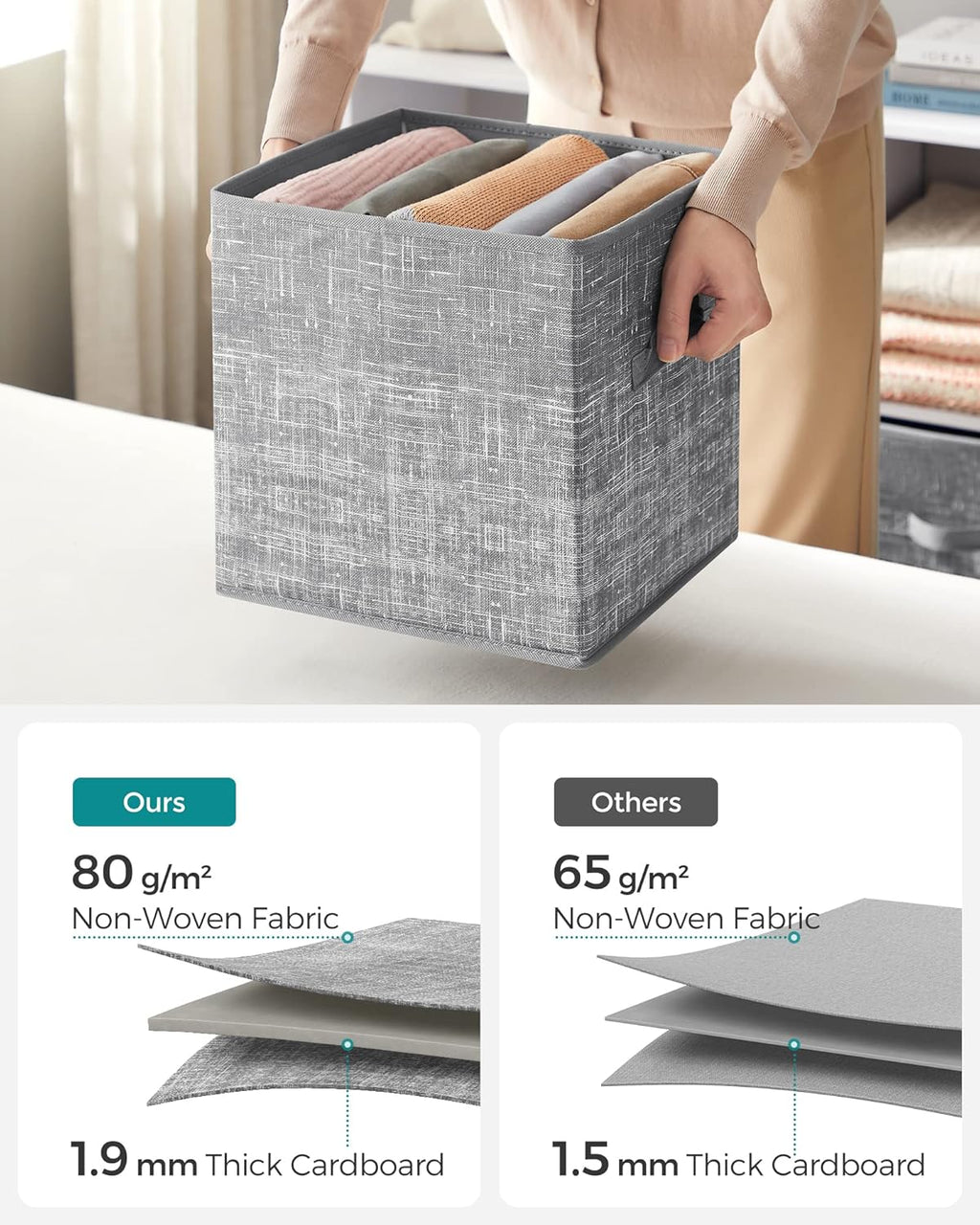 SONGMICS Storage Cubes - 11.8-Inch Non-Woven Fabric Bins with Double Handles - Set of 6 in Cattail Gray for Closet Organization
