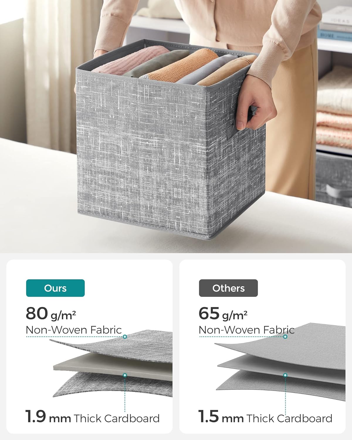 SONGMICS Storage Cubes - 11.8-Inch Non-Woven Fabric Bins with Double Handles - Set of 6 in Cattail Gray for Closet Organization