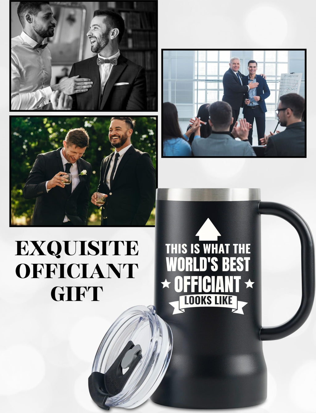 Onebttl Officiant Gifts from Bride and Groom, Stainless Steel Beer Stein Tumbler, 24oz Beer Mug with Lid for Wedding - World's Best Officiant