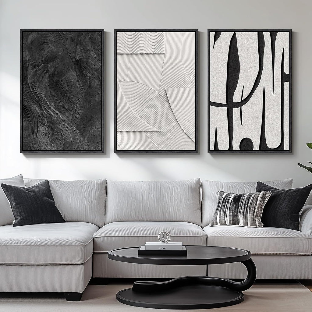 Skiennix 3D Textured Black and White Wall Art - Modern 3 Piece Framed Artwork for Living Room | 24x36 In