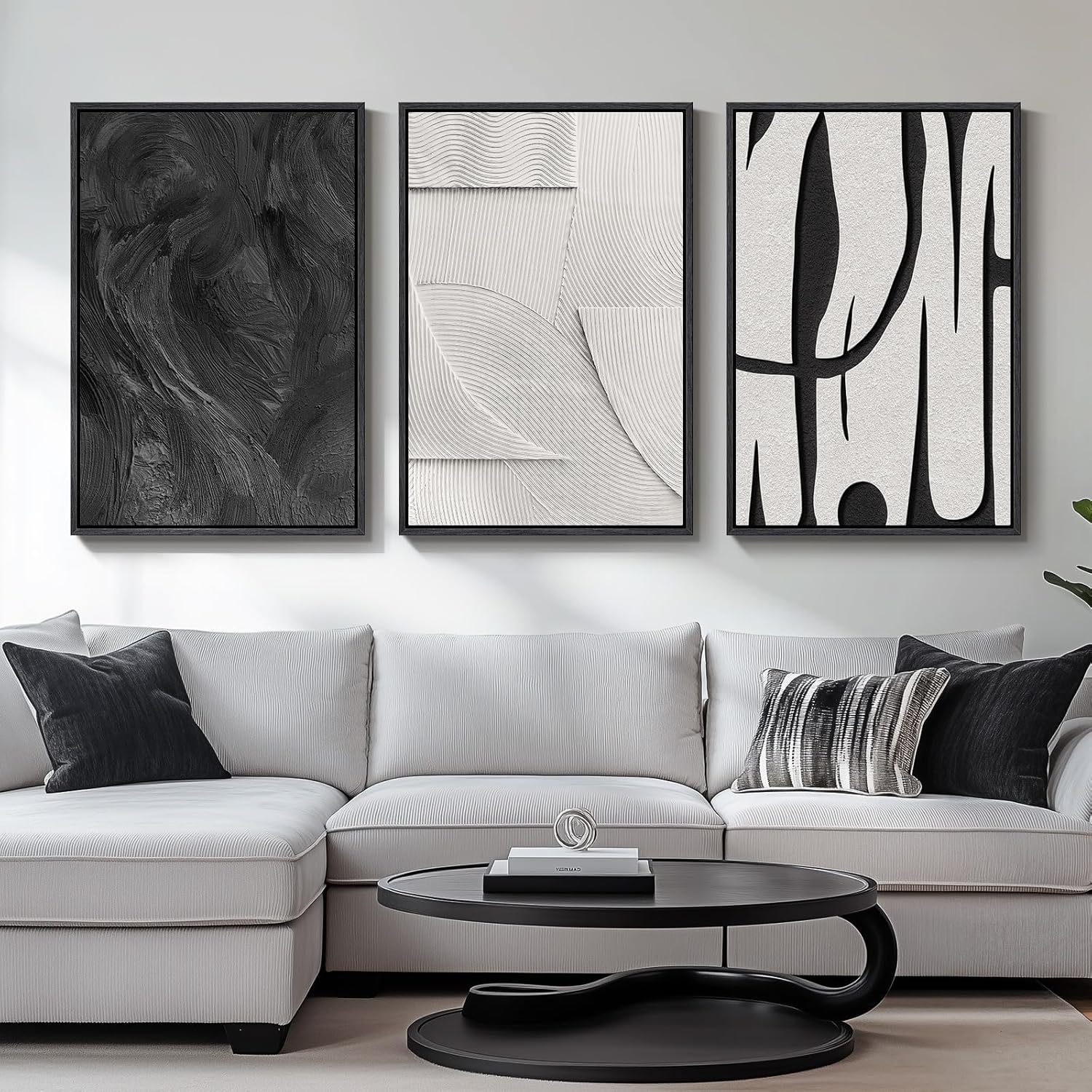 Skiennix 3D Textured Black and White Wall Art - Modern 3 Piece Framed Artwork for Living Room | 24x36 In