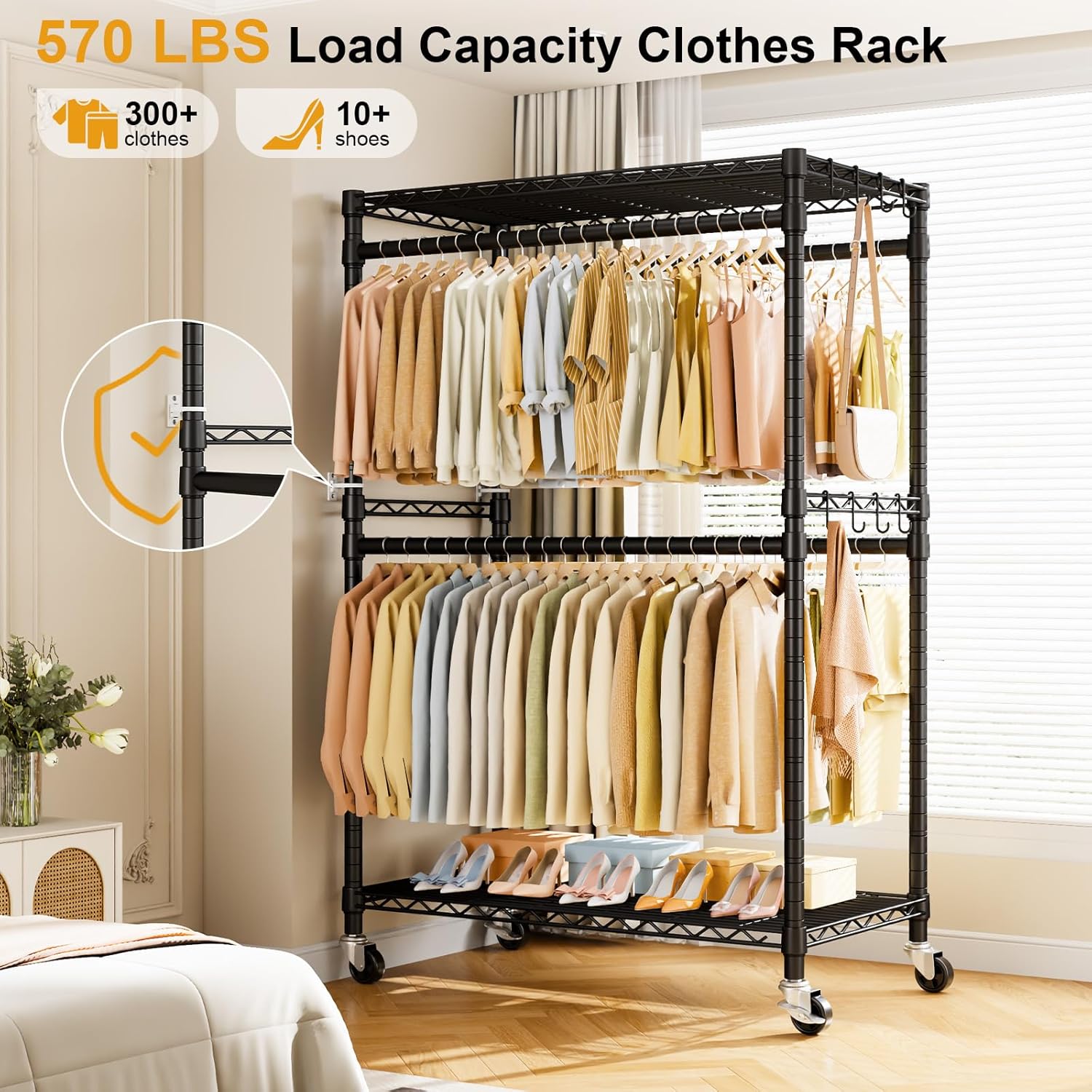 ULIFHOME Heavy Duty Rolling Clothes Rack - Portable Garment Rack with Wheels | 45''W x 20.5''D x 80.5''H, Max Load 570 Lbs, Black