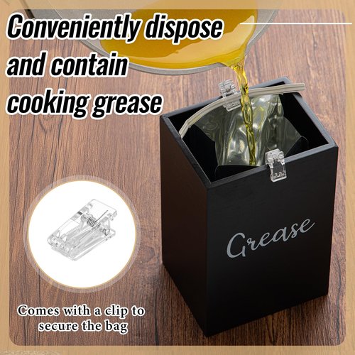 Hushee 35 Set Grease Disposal Container for Kitchen with 30 Foil Liners Disposable Grease Bags Bulk Wooden Storage Bin 4 Clip Bacon Cooking Oil Container Help Stop Kitchen Drains from Getting Clogged