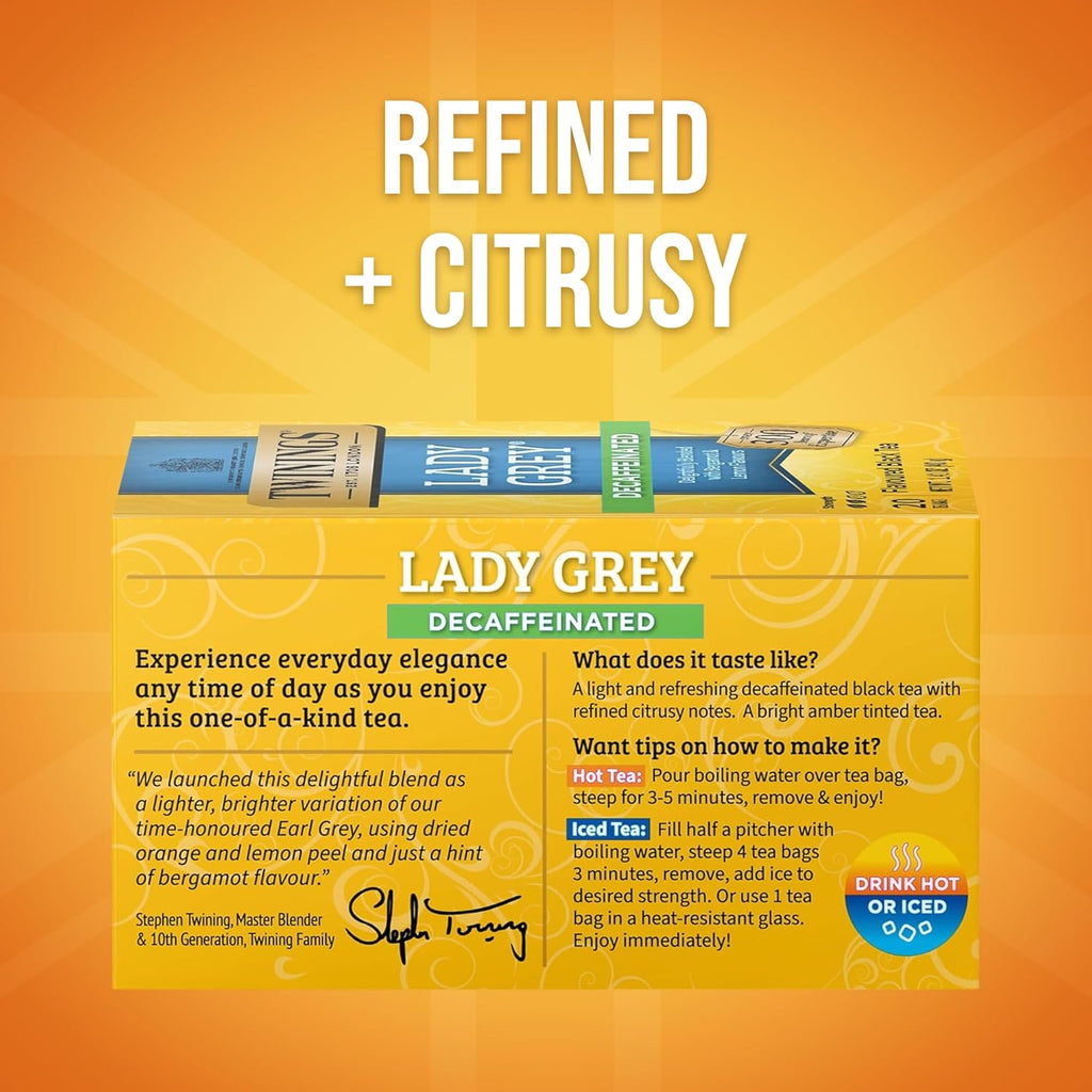 Twinings Decaffeinated Lady Grey Black Tea - Individually Wrapped 20 Count with Orange & Lemon Peel