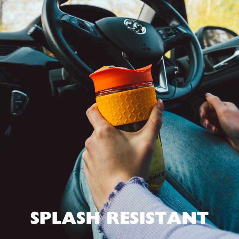 SoleCup. Large Travel Mug Loose Tea Infuser - Detachable Tea Strainer with Spill Proof Lid - 18oz/530ml BPA-Free Reusable Glass Travel Coffee Cup with Silicone Band (Black, 18oz)