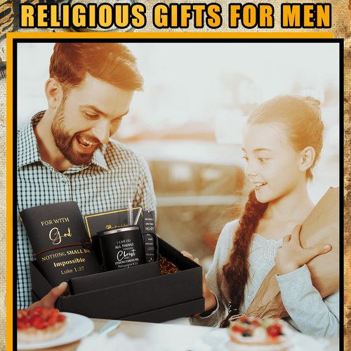Shellwei 6 Pcs Valentine's Day Christian Gifts 17 oz Christian Coffee Mugs Leather Bible Notebook Religious Pen Metal Bookmark Greeting Card Box Present for Valentine's Pastors Gifts(Black)