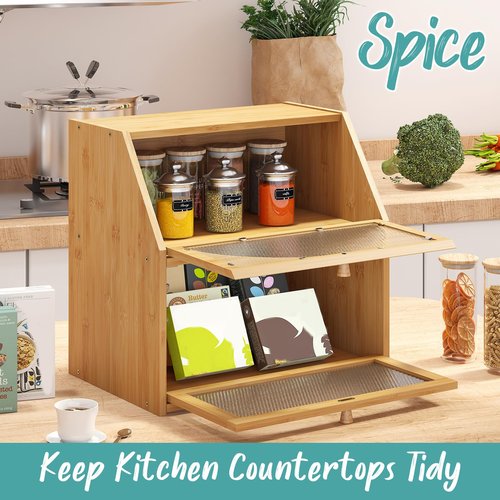 Vriccc Extra Large Bread Box for Kitchen Counter, Bamboo Wood Double Layer Bread Box for Kitchen Counter, Wooden Capacity Bread Storage Bin