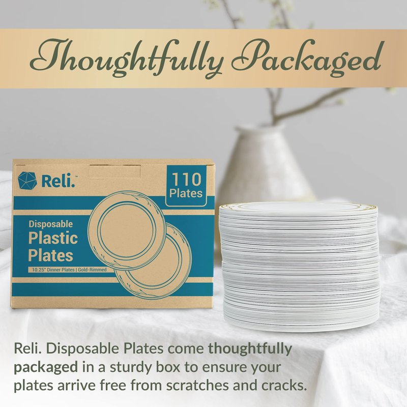 Reli. Disposable Plastic Plates, White & Gold Rim (110 Pcs, 10.25") | Hard Plastic Dinner Plate | Elegant, Heavy Duty Disposable Round Platters for Party, Wedding, Event, Christmas (Gold Trim)