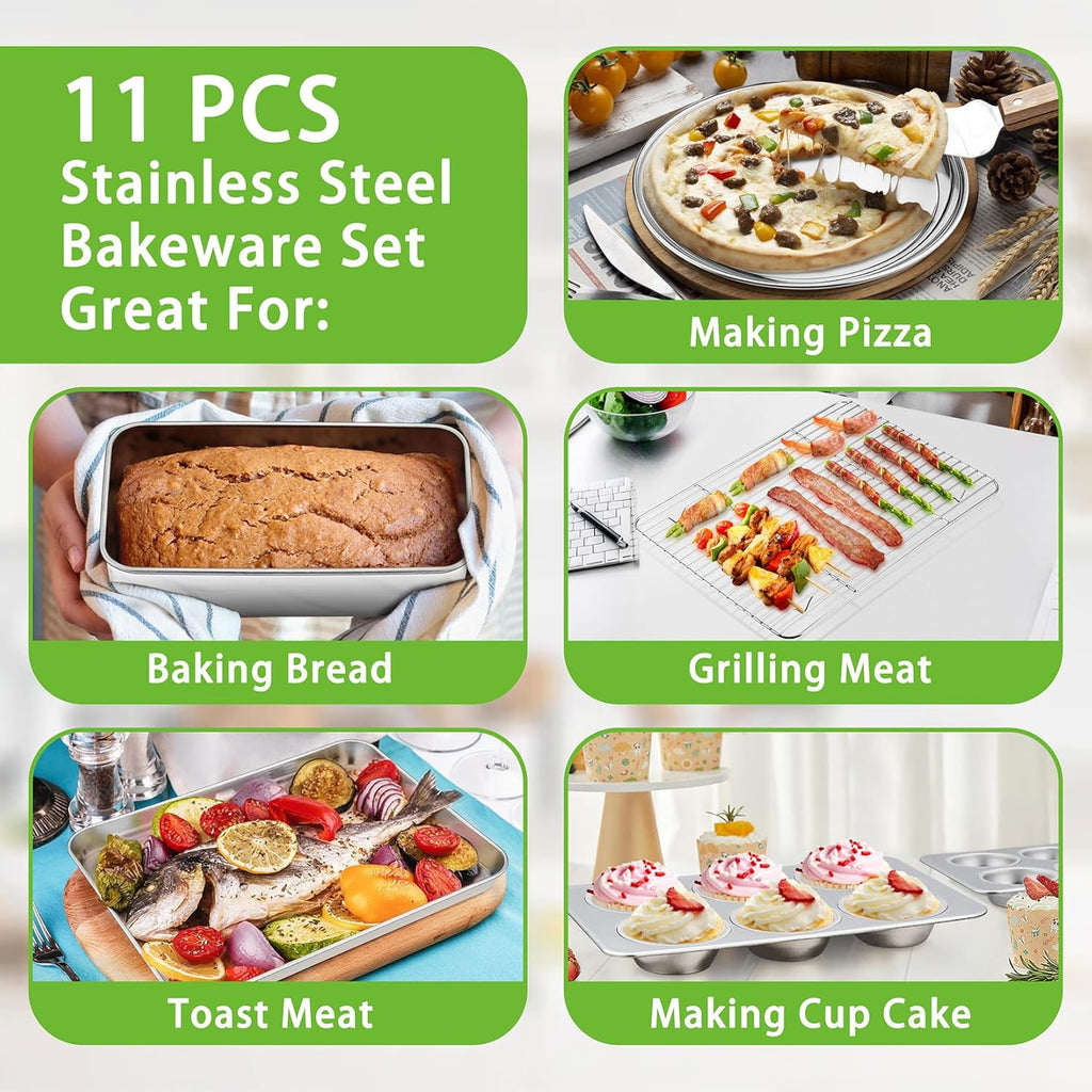 P&P CHEF Stainless Steel Bakeware Set - 11-Piece Baking Pans with Rack, Lasagna Pan, Muffin & Loaf Pans