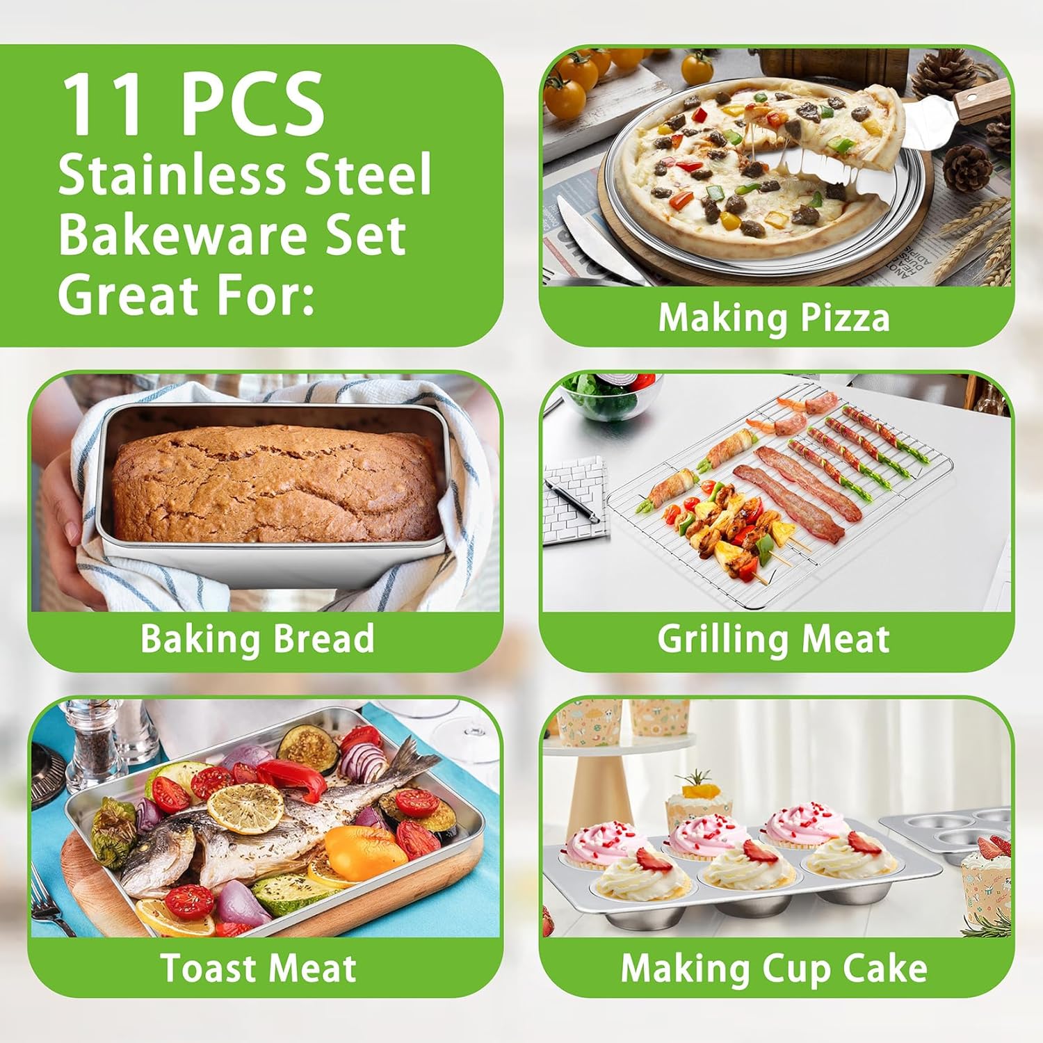 P&P CHEF Stainless Steel Bakeware Set - 11-Piece Baking Pans with Rack, Lasagna Pan, Muffin & Loaf Pans