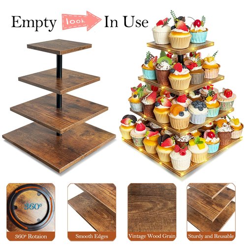Umgozrz 4 Tier Cupcake Stand, Wooden Cupcake Holder Stand for 50 Cupcakes Rustic Cupcake Display Stand for Wedding, Birthday