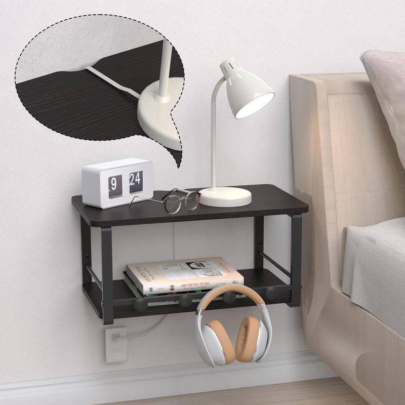 ANYHI Wall Mounted Floating Nightstand, Double Floating Bedside Table, Wood Bedside Shelf with 4 Hooks, Hanging Night Stand for Bedroom, Living Room, Bathroom, Kitchen, Office