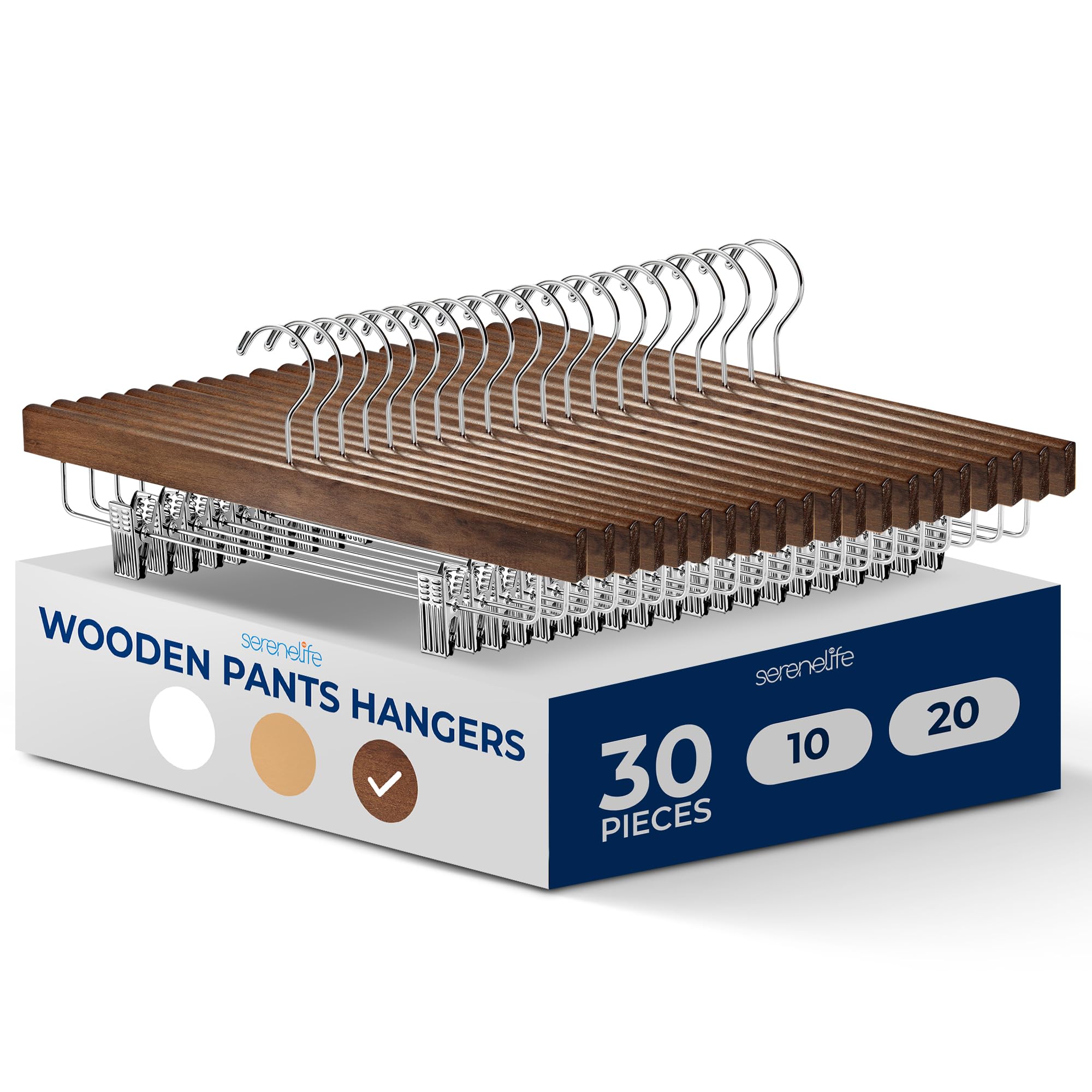 SereneLife 30 Pack Skirt and Pant Hanger with Adjustable Non-Slip Steel Clips, Premium Wooden, 360° Swivel Hook & 10 lb Capacity – Space-Saving Heavy-Duty Hangers for Jeans, Shorts & Slacks (Brown)