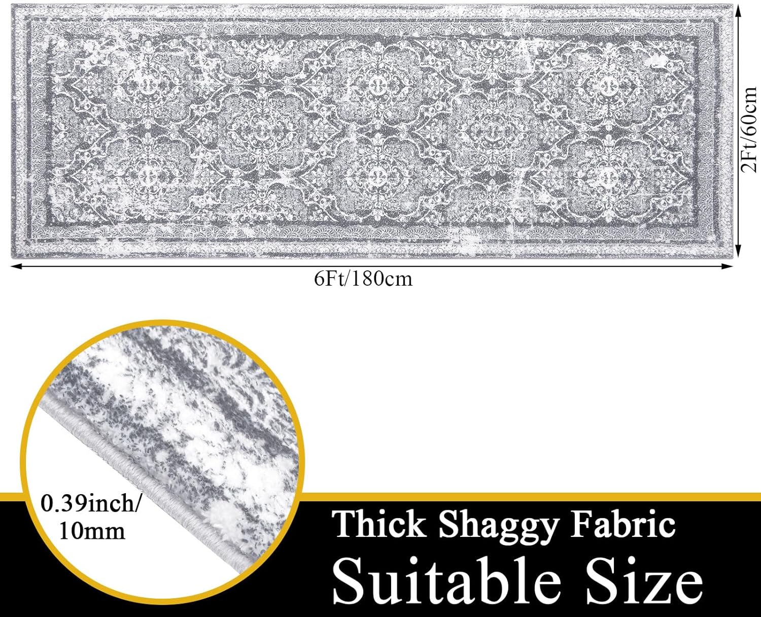 Vaukki Vintage Shaggy Hallway Runner Rug - Soft Non-Slip 2' x 6' Boho Entryway Mat | Grey Washable Carpet for Kitchen & Bathroom
