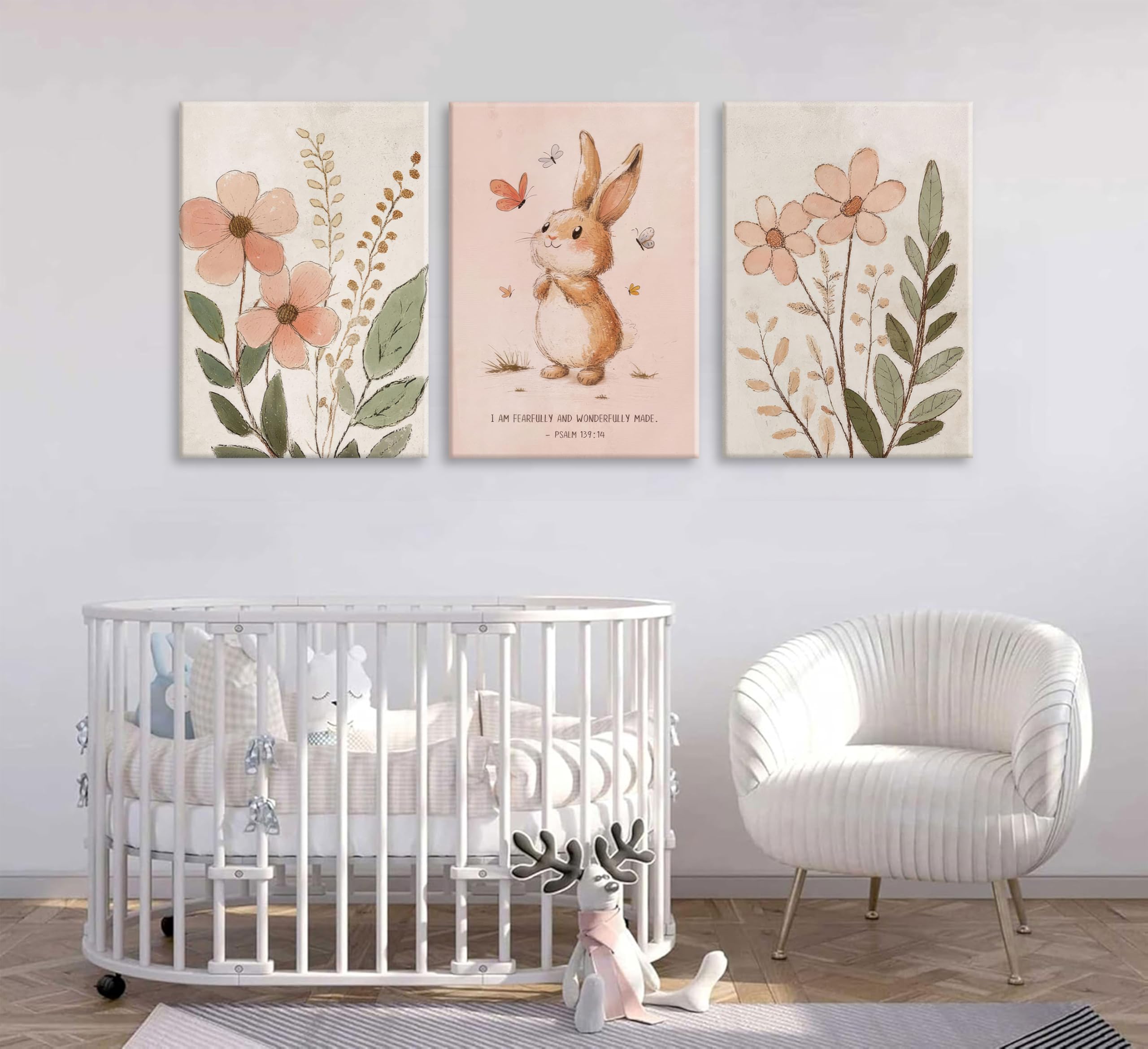 3Pcs Nursery Bunny Wall Art Christian Scripture Canvas Painting Cute Pink Bunny Botanical Flowers Wall Decor Nursery Posters for Girls and Boys Kids Room Baby Room Decor Framed