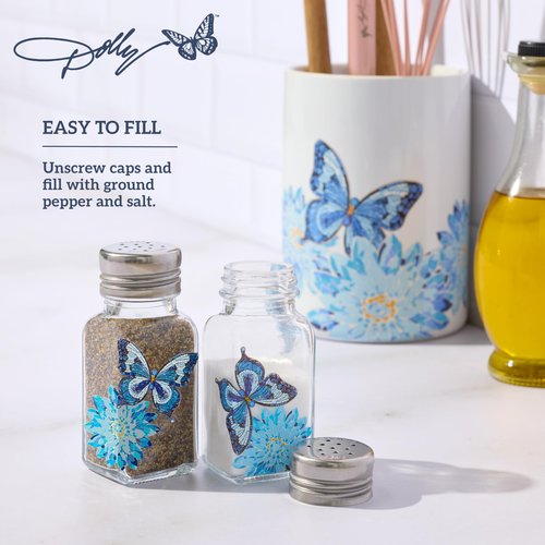 Dolly Parton Glass Salt and Pepper Shakers with Mosaic Flowers and Butterfly Design, Easy to Fill, Set of 2, 3 Ounce