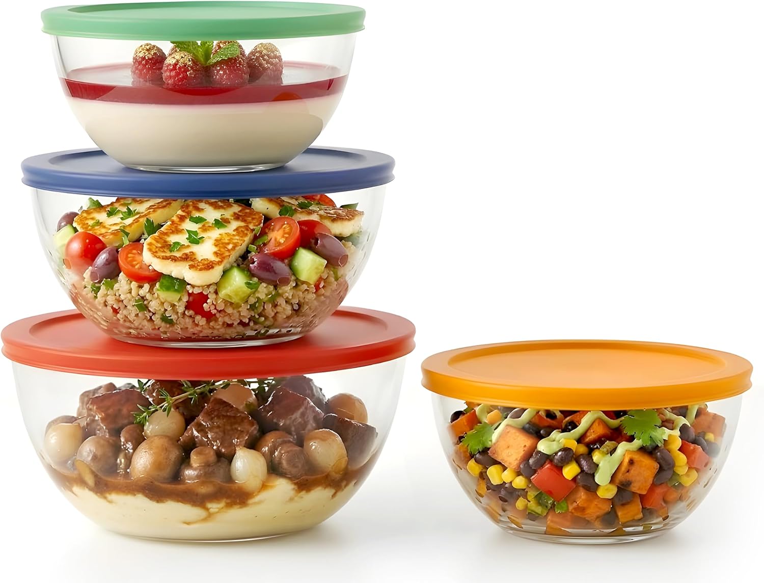 NutriChef Glass Mixing Bowls Set - Premium Borosilicate 4-Piece Bowls with Airtight Lids (1 QT-3.7 QT) for Mixing & Storage