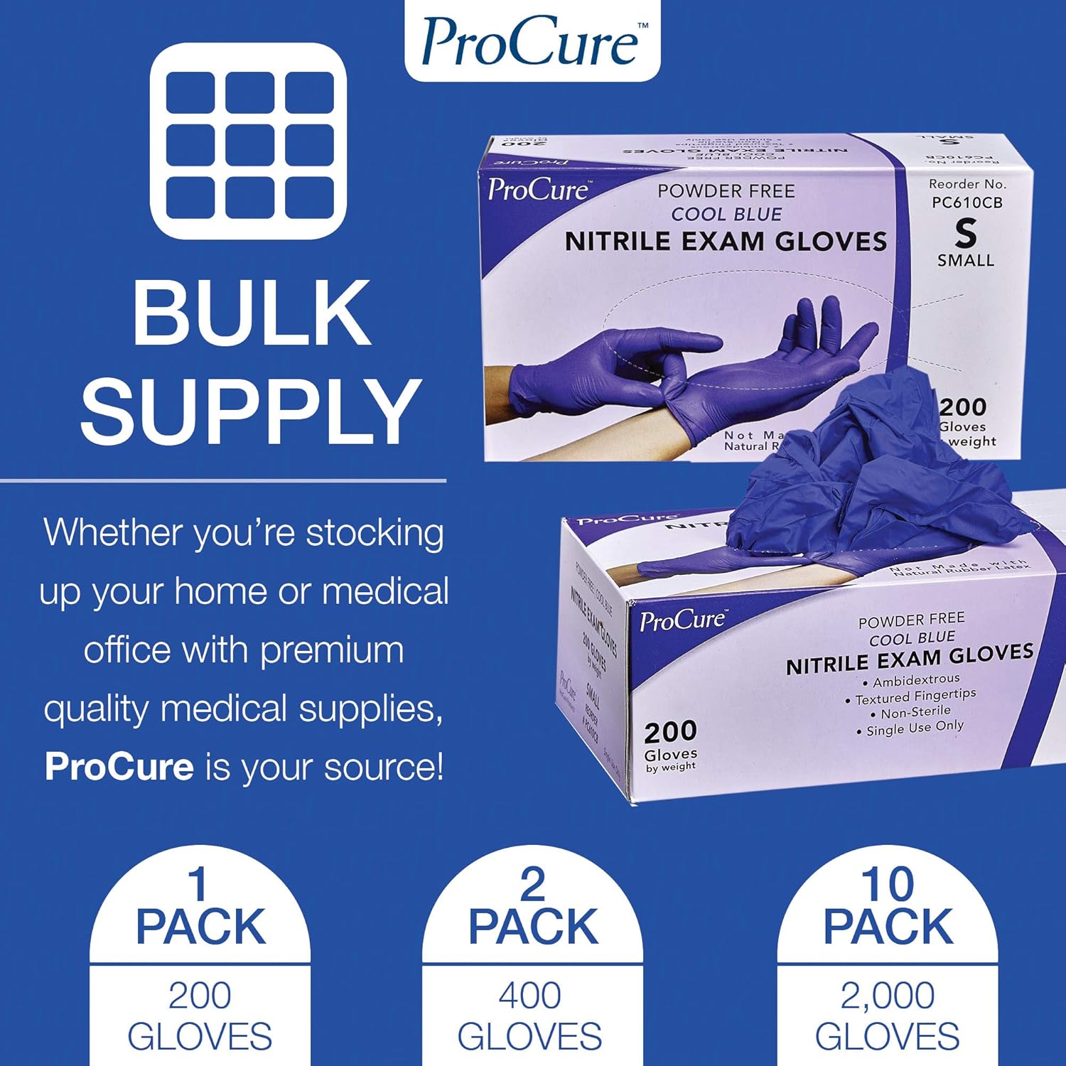 ProCure Disposable Nitrile Gloves - Latex Free & Powder Free | 200 Count Medical Exam Gloves