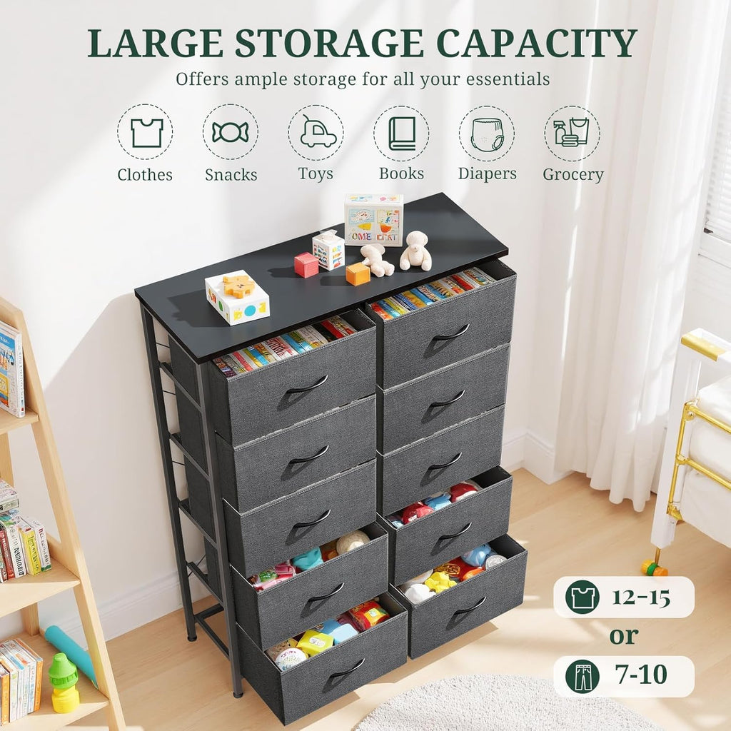 Regine Switzerland 10-Drawer Dresser - Anti-Tip Tall Storage Organizer with Wooden Top & Metal Frame - Gray
