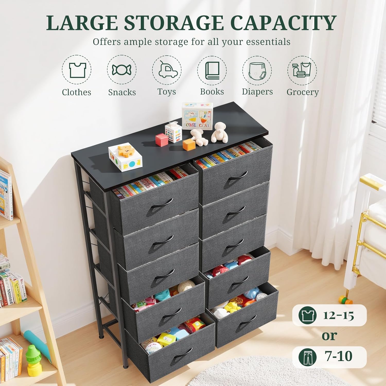 Regine Switzerland 10-Drawer Dresser - Anti-Tip Tall Storage Organizer with Wooden Top & Metal Frame - Gray