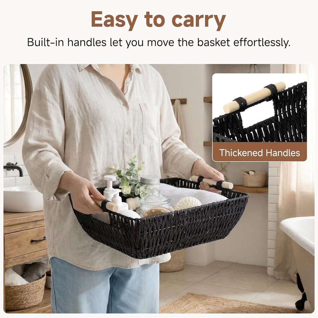 StorageWorks Large Wicker Storage Baskets - Organize with Style | Black, 2-Pack with Wooden Handles