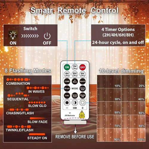 HXWEIYE 300LED Fairy Curtain Lights - 9.8x9.8Ft USB Plug-In with Remote | 8 Modes for Indoor Decor, Orange