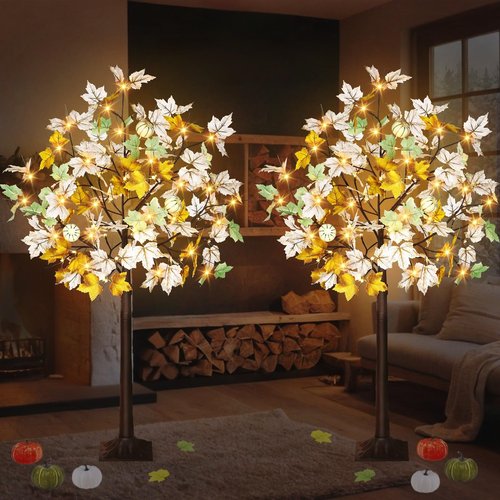 2 Pack Thanksgiving Artificial Lighted Maple Tree, 4 Ft Prelit Fall Decor Maple Tree with 56 LED 3 Foam Pumpkins Plug in Indoor Outdoor Autumn Fall Thanksgiving Decorations