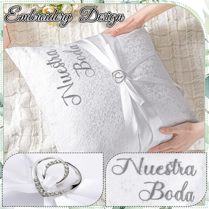 Mixweer 2pcs Wedding Embroidered Kneeling Pillows Nuestra Boda 18 x 18 Inch Embroidered Prayer Pillow Satin and Lace Kneeling White/Silver, Cojines para Boda, Decoracion (18",Without Pillow)