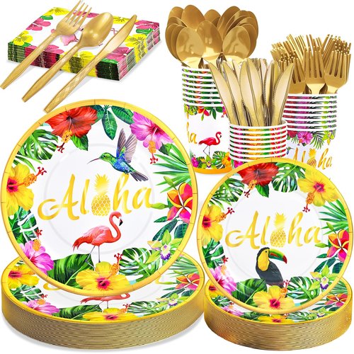 Hawaiian Luau Party Decorations Supplies, Tropical Aloha Birthday Party Plates Summer Beach Holiday Flamingo Disposable Dinnerware Set With Paper Plates Cup Napkin Plastic Fork Knives Spoon, Serves 24