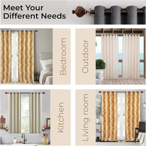 Deco Window Curtain Rod - Heavy Duty 1-Inch Metal Drapery Rod | Adjustable 44-120 Inch with Decorative Wood Finials - Brown Matte
