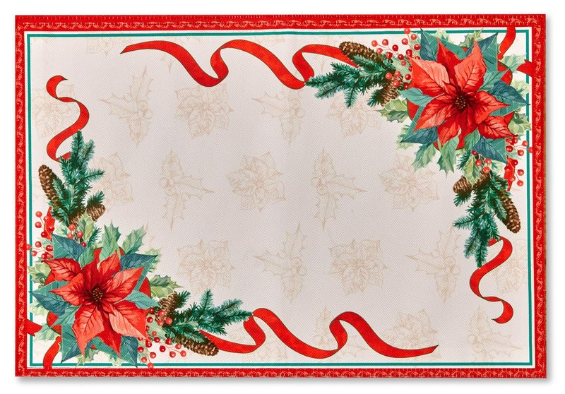 YiHomer Poinsettia Ribbon Engineered Printed Fabric Christmas Tabletop for Xmas Winter Holiday, Christmas Time, Reversible Placemat Set, 13 x 19