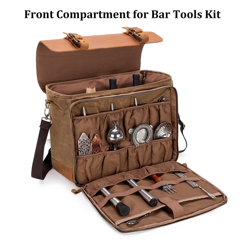 Lodrid Vintage Bartender Kit Bag with Flexible Compartments for Wine, Leather Waxed Canvas Bartender Tote with Removable Dividers, Bar Bag with Handle and Shoulder Strap, Case Only, Patent Design